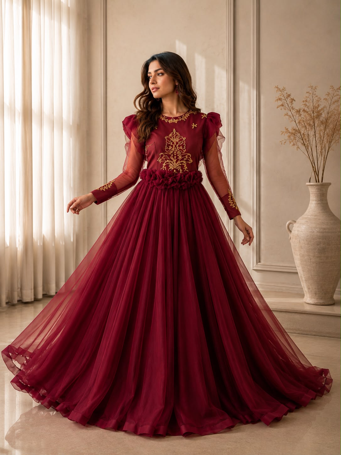 Party Wear Maroon Frock (pret) - Luxury Bridal & Formal Couture