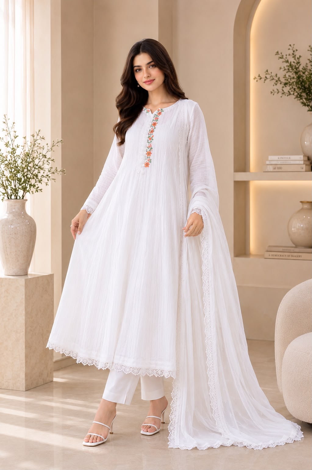 3piece White Embriodered Frock (Pret) view 2